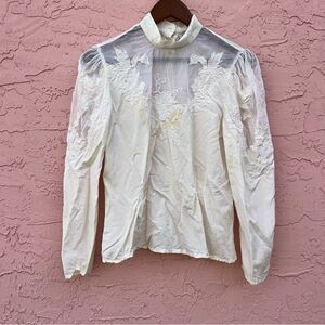 Vintage Prisma Silk Lace Sheer Blouse High Collar Cream Flaw